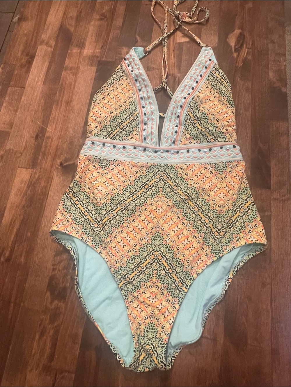 Nanette Lepore Mint One-Piece Swimsuit with Yellow-Orange Print Trim